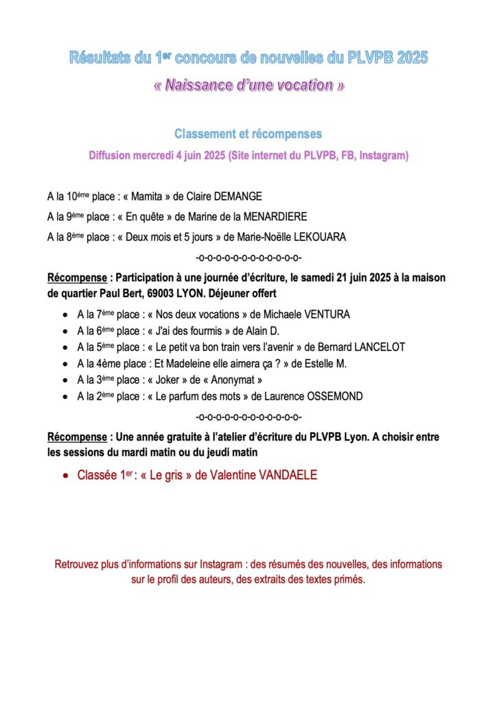 Concours de nouvelles : LES RESULTATS ! Resultats et recompenses du concours de nouvelles PLVPB 2025